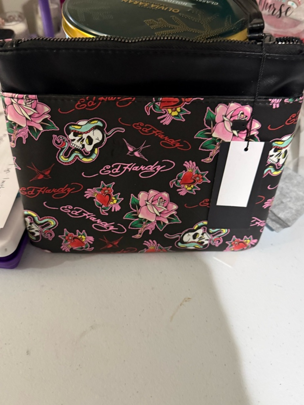 Ed Hardy Black Cosmetic Pouch with Pink Floral & Tattoo Motifs